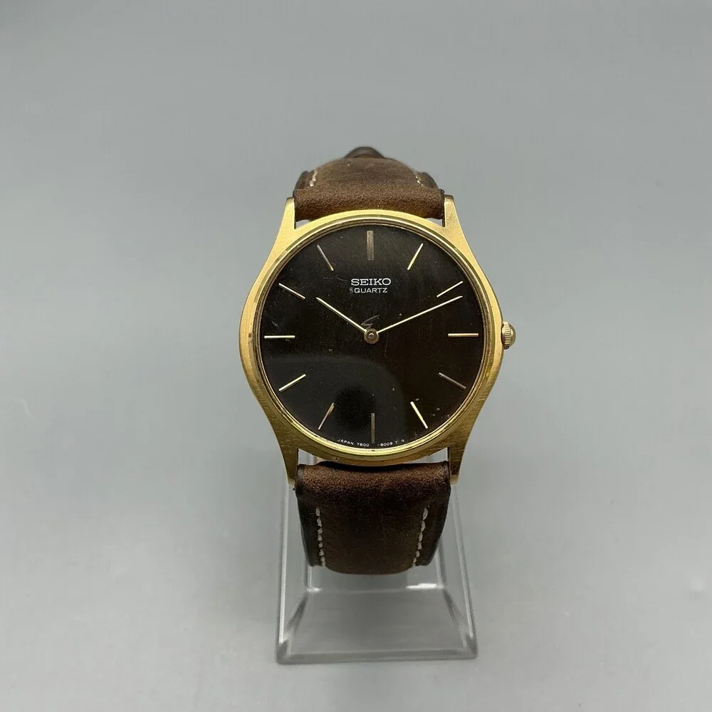 Vintage Seiko Quartz 7430-8009 Mens Watch 31mm Brown Dial Leather New Battery